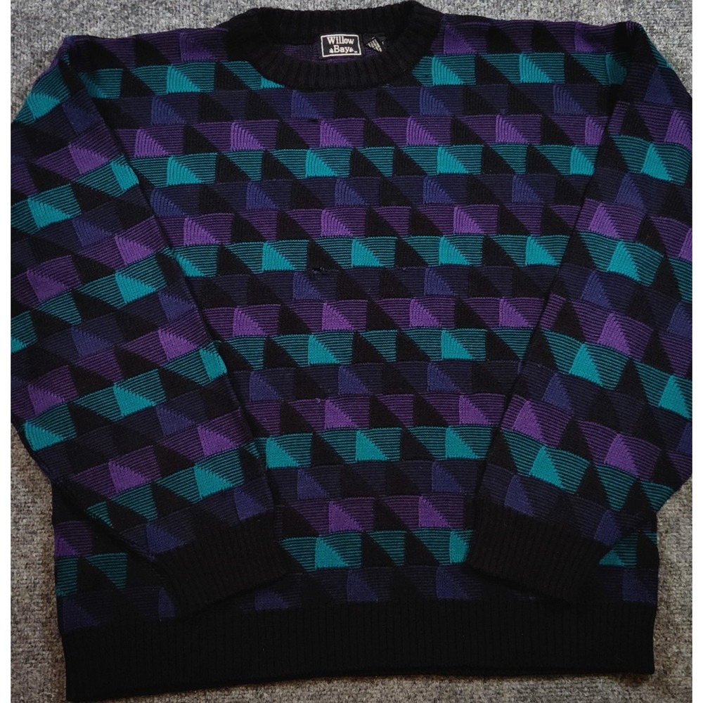 Vintage Willow Bay Geometric Knit Sweater 80s 90s Purple Teal Tag XL Fits M/L